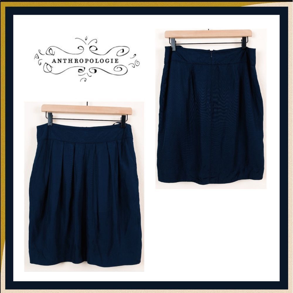 Anthropologie Odille Pleated Faille Tulip Skirt In Navy Blue Size 2